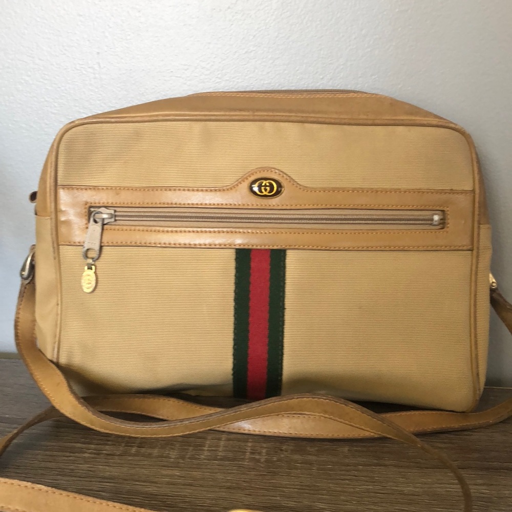 Gucci Tan Canvas Crossbody with Red and Green Stripe